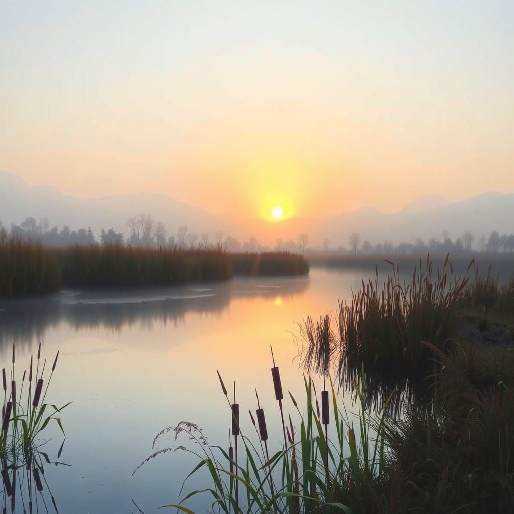 Tranquil Dawn Pond Landscape with Purple and Amber Sky