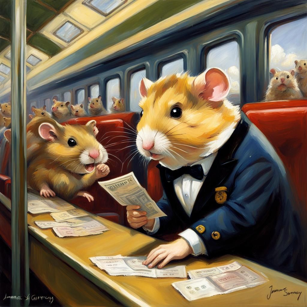 Hamster Conductor on Animal Train, Gurney-Style Oil Painting