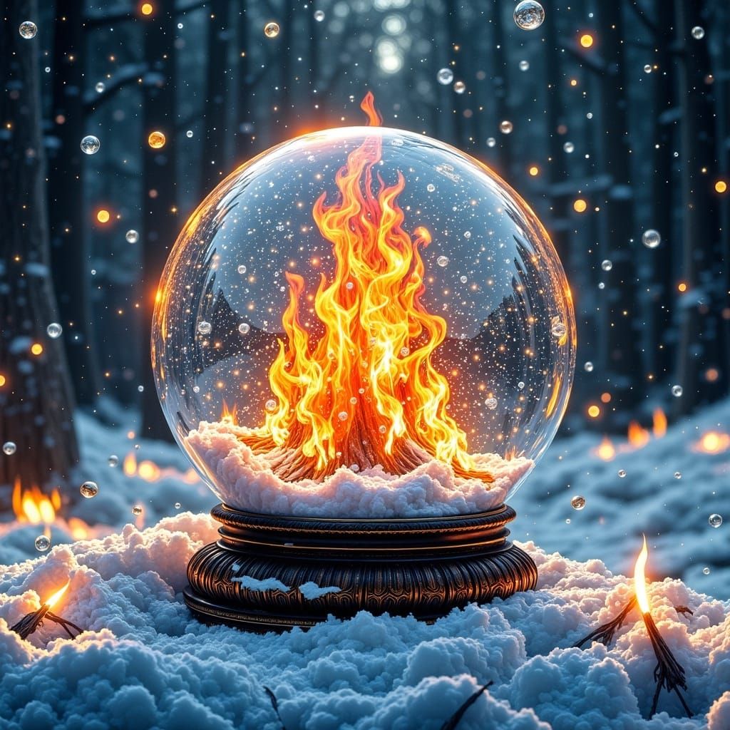 Fiery Snow Globe in Vibrant Surrealism