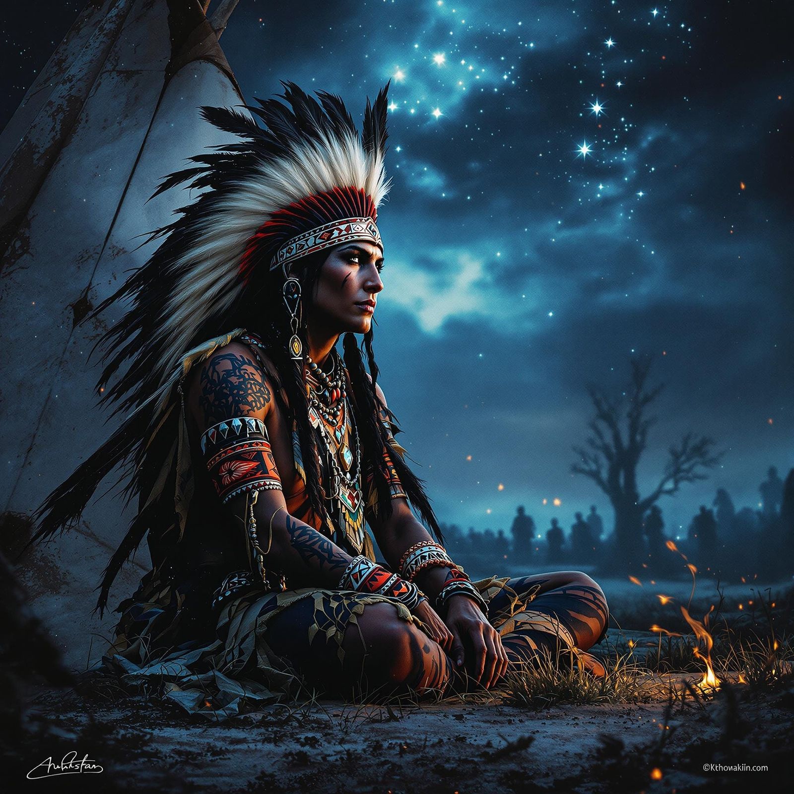 Cherokee Shaman in Tipi: Digital Watercolor Art