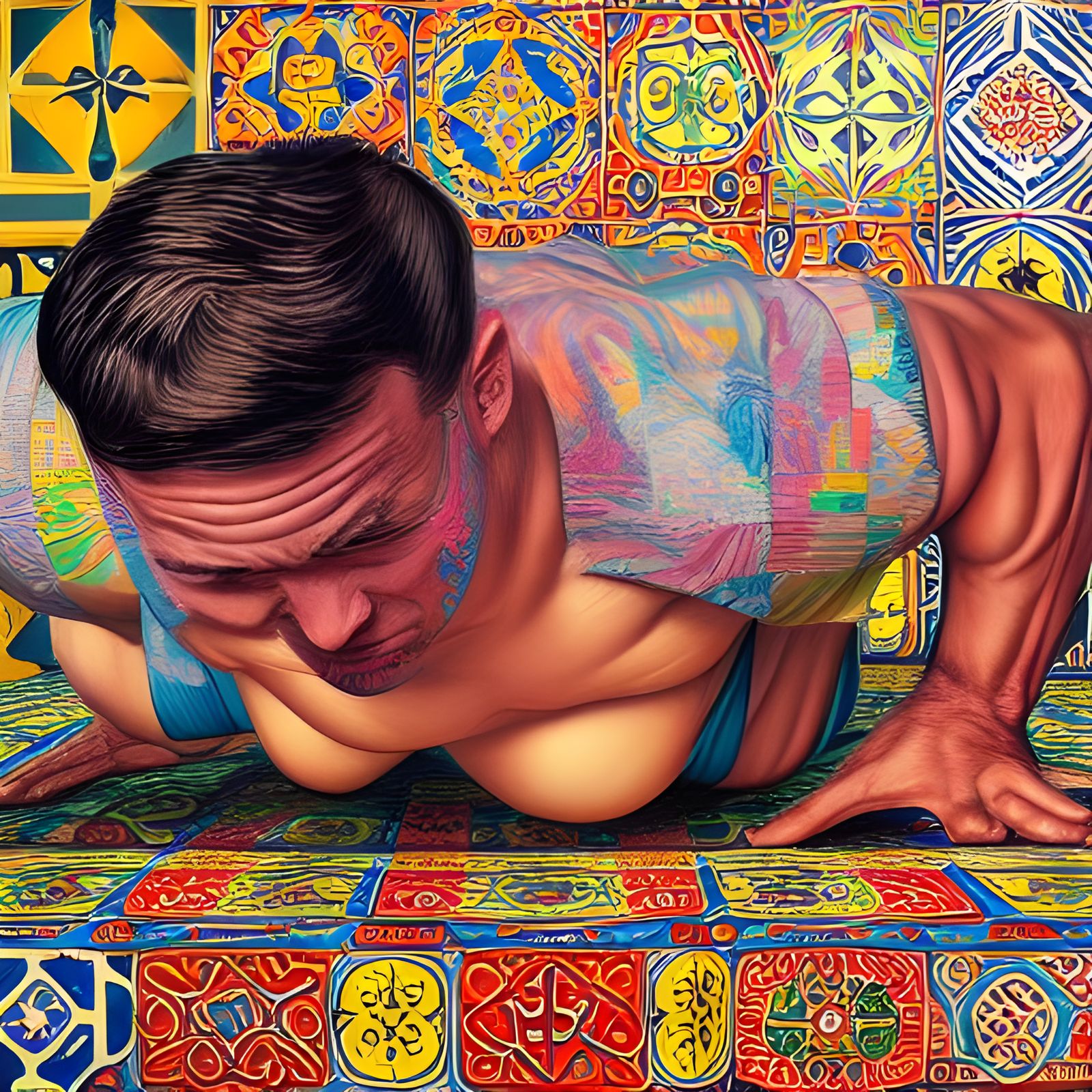 Hyperrealistic Man Doing Pushups in Digital Art Style