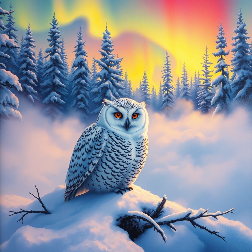 Snowy Owl Aurora Borealis in Impressionist Style