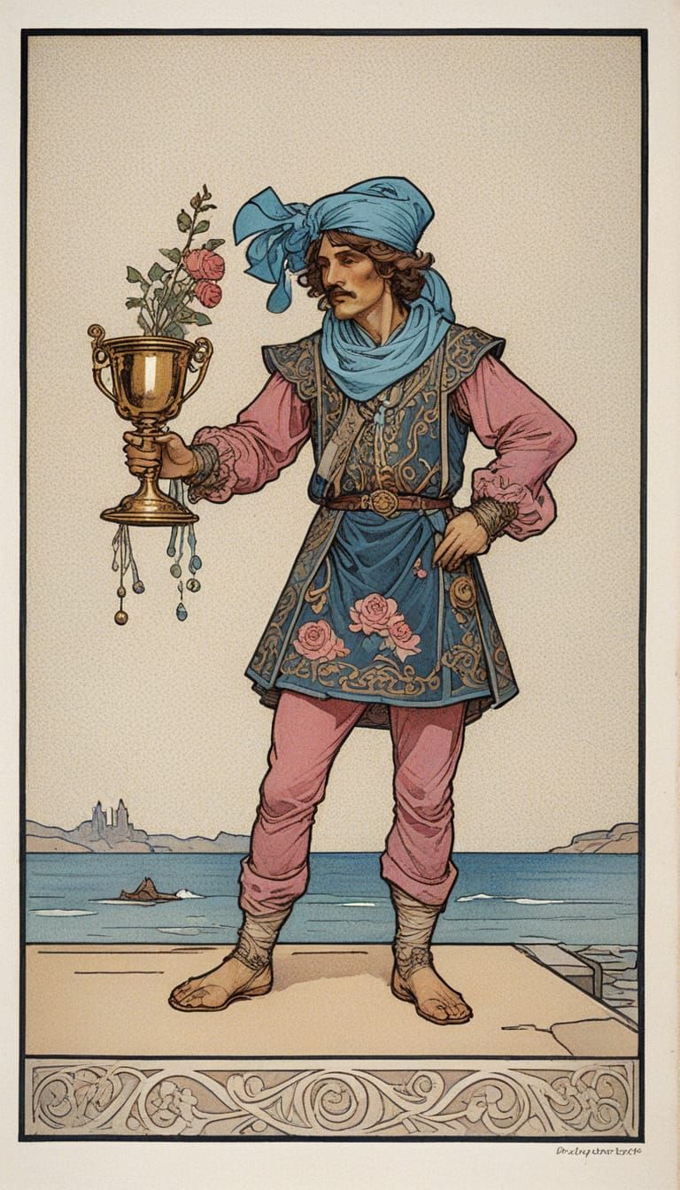 Mystical Youth with Cup and Fish in a Dreamlike Seascape