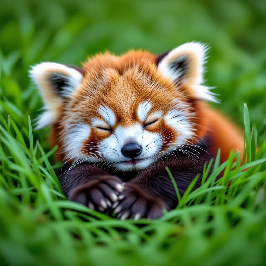 Adorable Baby Red Panda Sleeping in Snowy Grass