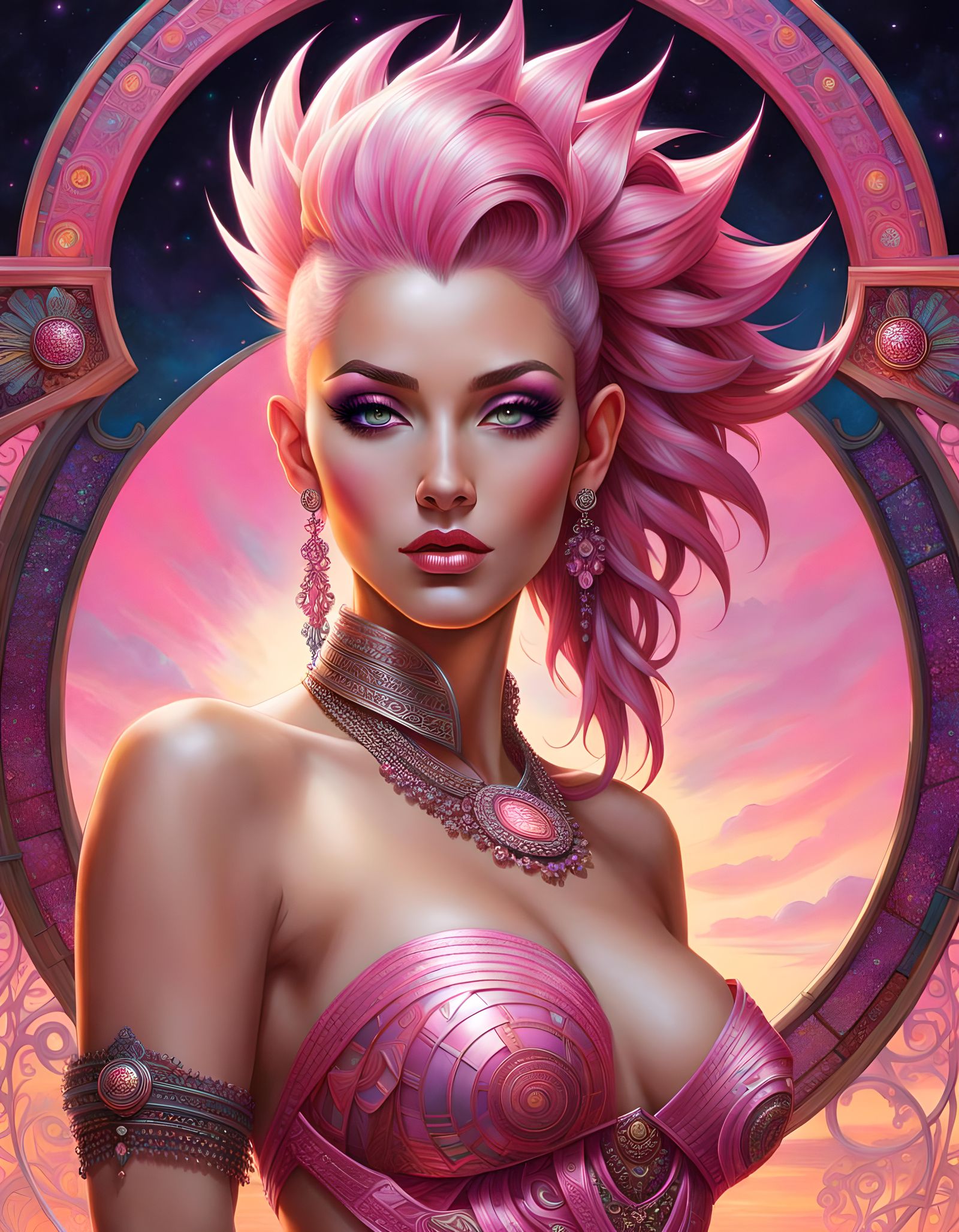 Futuristic Woman with Pink Mohawk in Dystopian Landscape
