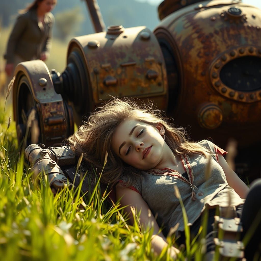 Steampunk Serenity: A Young Woman's Gentle Bond with a Rusty...
