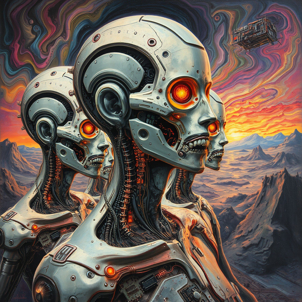 Cyborgs Lost in a Dreamscape of Swirling Colors and Neon Lig...