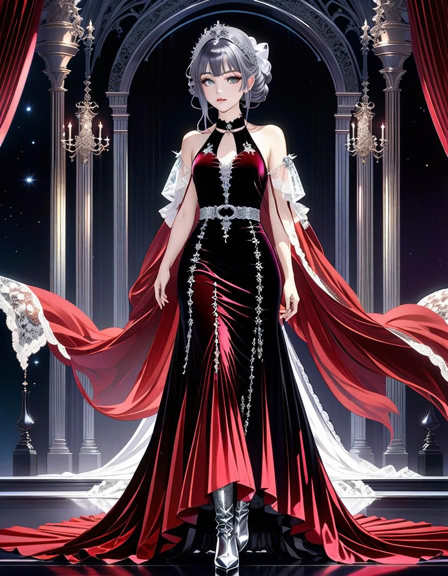 Gothic Velvet and Lace Dress in Anime Style
