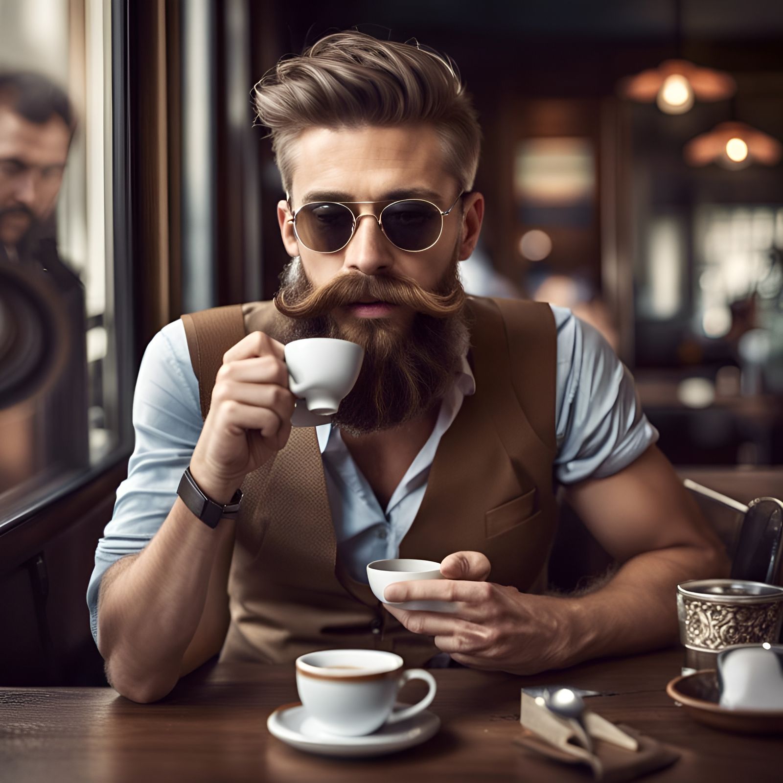 Hipster Man Enjoying Espresso at Cafe: Realistic Portrait