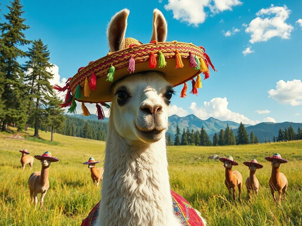 Llama Fiesta: Sombrero Party in a Sunny Meadow