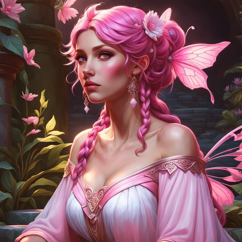 Pink Fairy Portrait in Hyperdetailed Art Nouveau Style