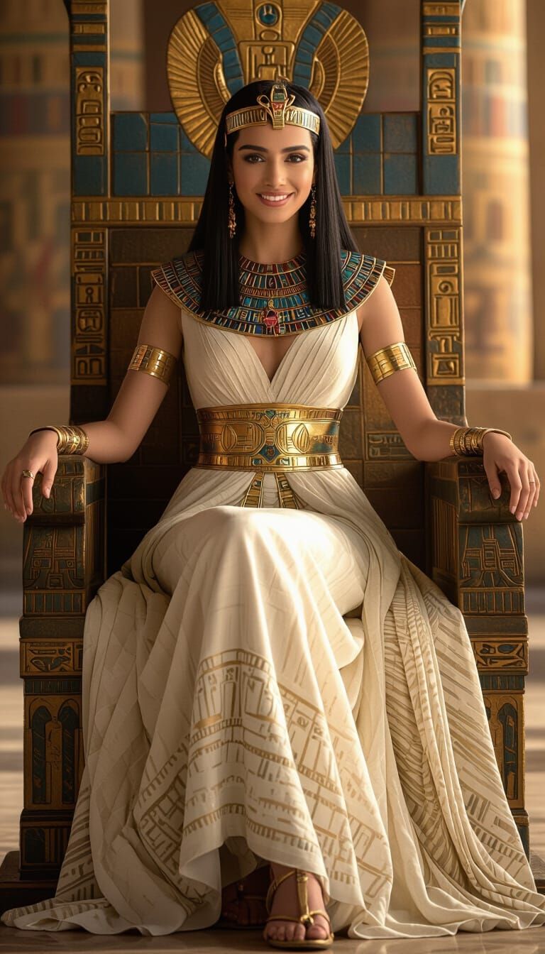 Elegant Egyptian Queen on Throne in Royal Palace