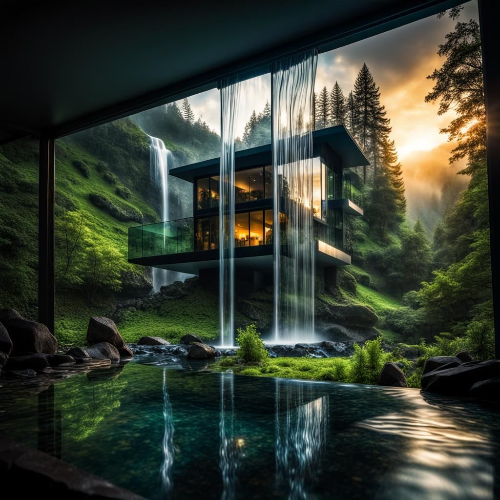 Fantasy Glass House Under Silhouette Waterfall