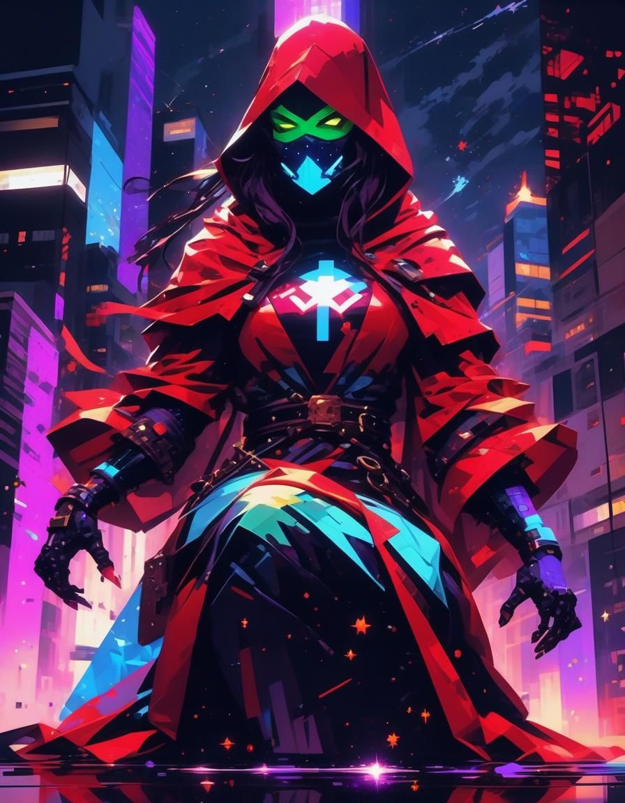 Confident Pixel Art Superhero on Dystopian City Roof