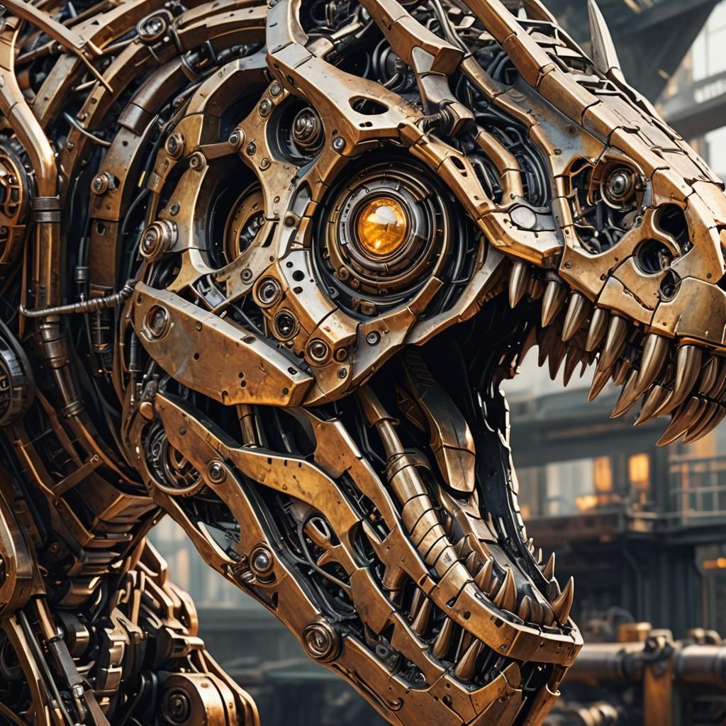 Futuristic Metal Dinosaur in Steampunk Industrial Design