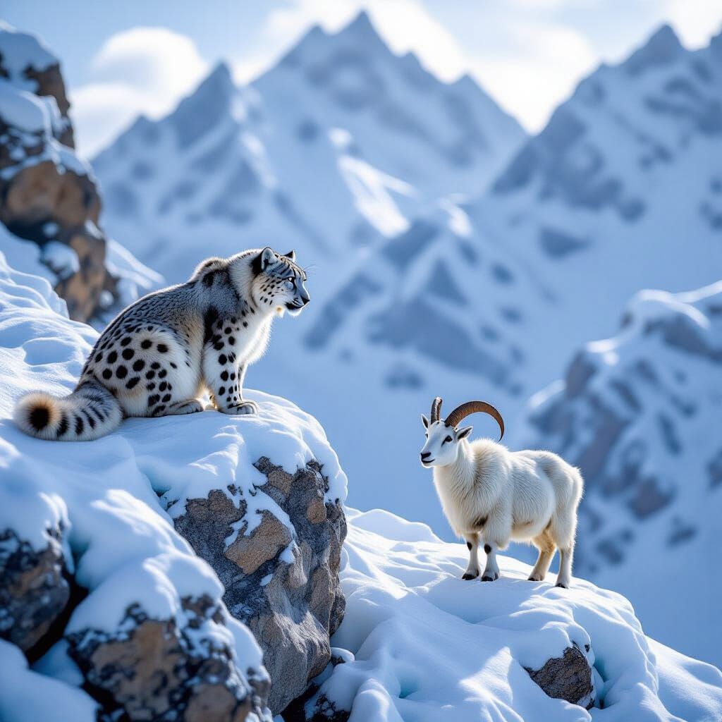 Snow Leopard Hunts Goat on Icy Cliff in Cinematic Style