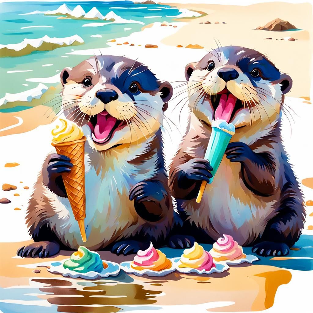 Cute Otters Enjoying Ice Cream, Disney Gouache Style