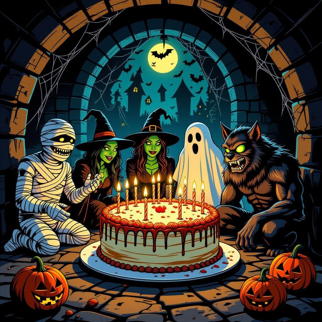 Halloween Cake Party: Mummy, Witch, Werewolf, Ghost & Cyclop...