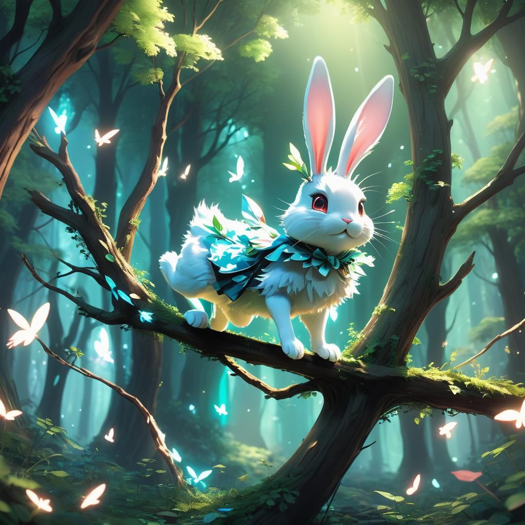 Luminescent Bunny's High Jump in Anime Forest