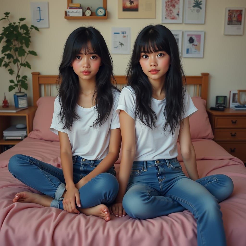 Hyperrealistic Portrait of Twin Sisters in Shared Bedroom