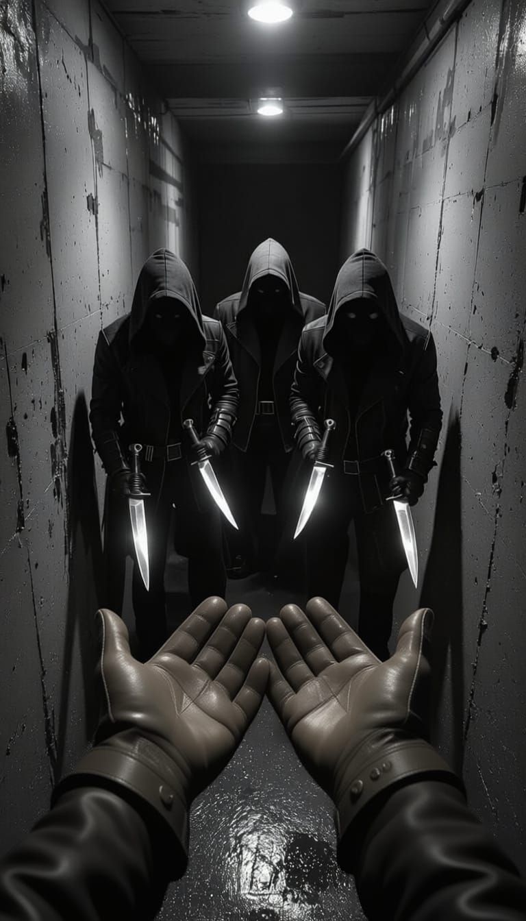 Man Confronts Three Shadowy Figures in Dark Corridor