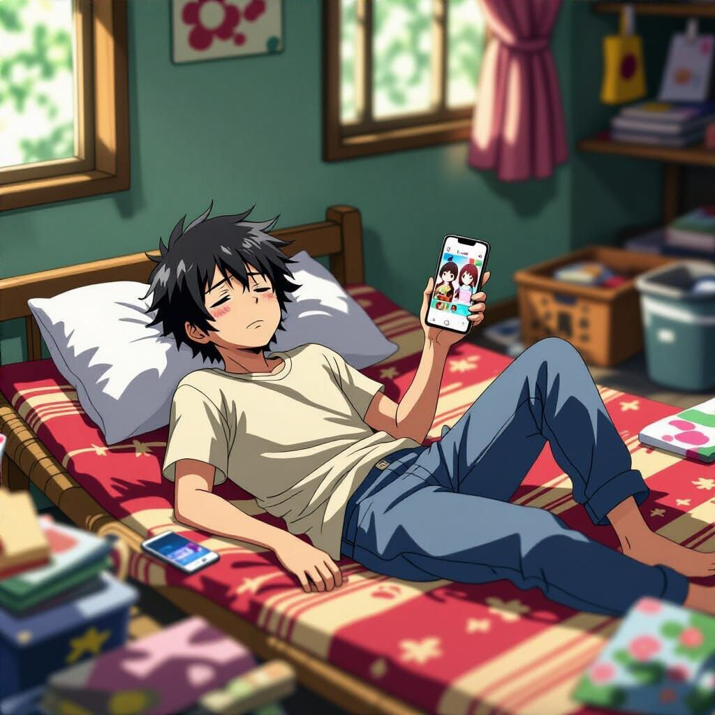 Dejected Man in Cluttered Room, Anime Key Visual