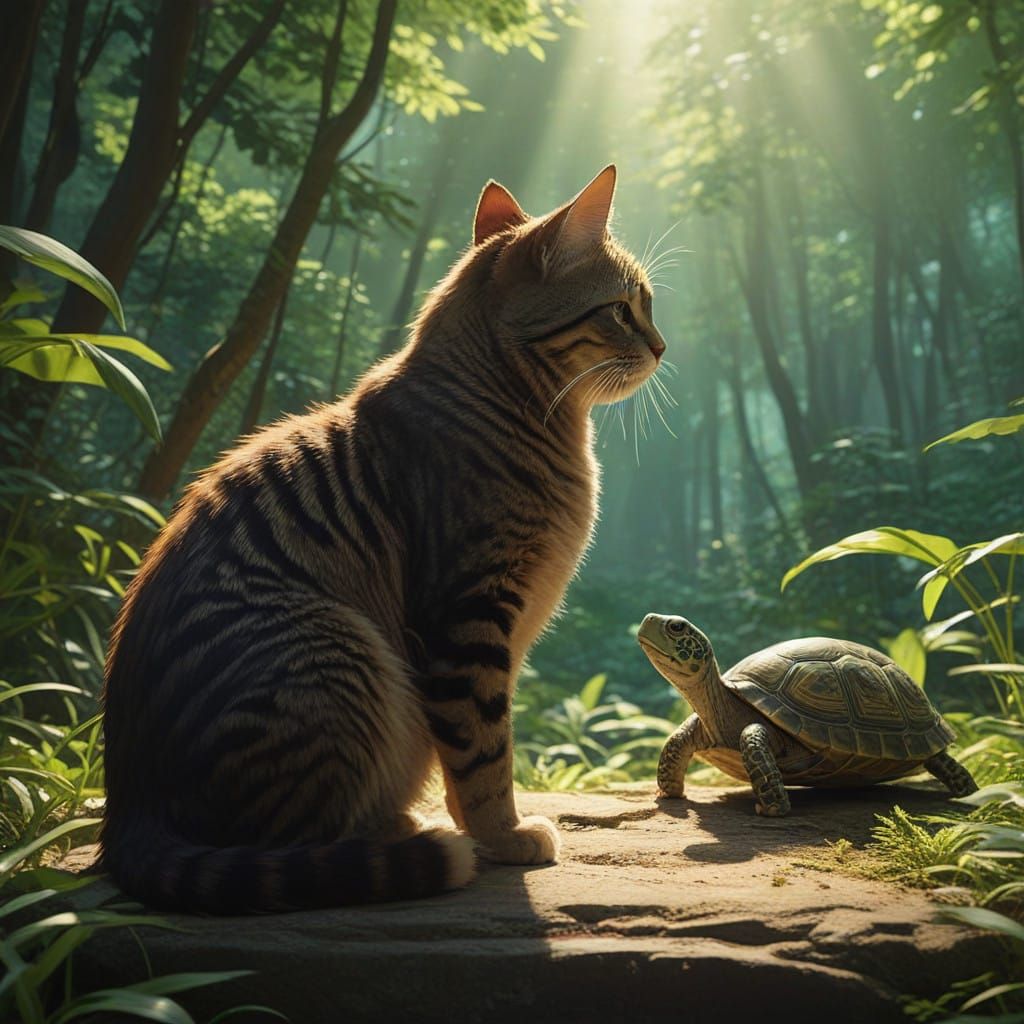 Whimsical Forest Cat with Turtle Companion