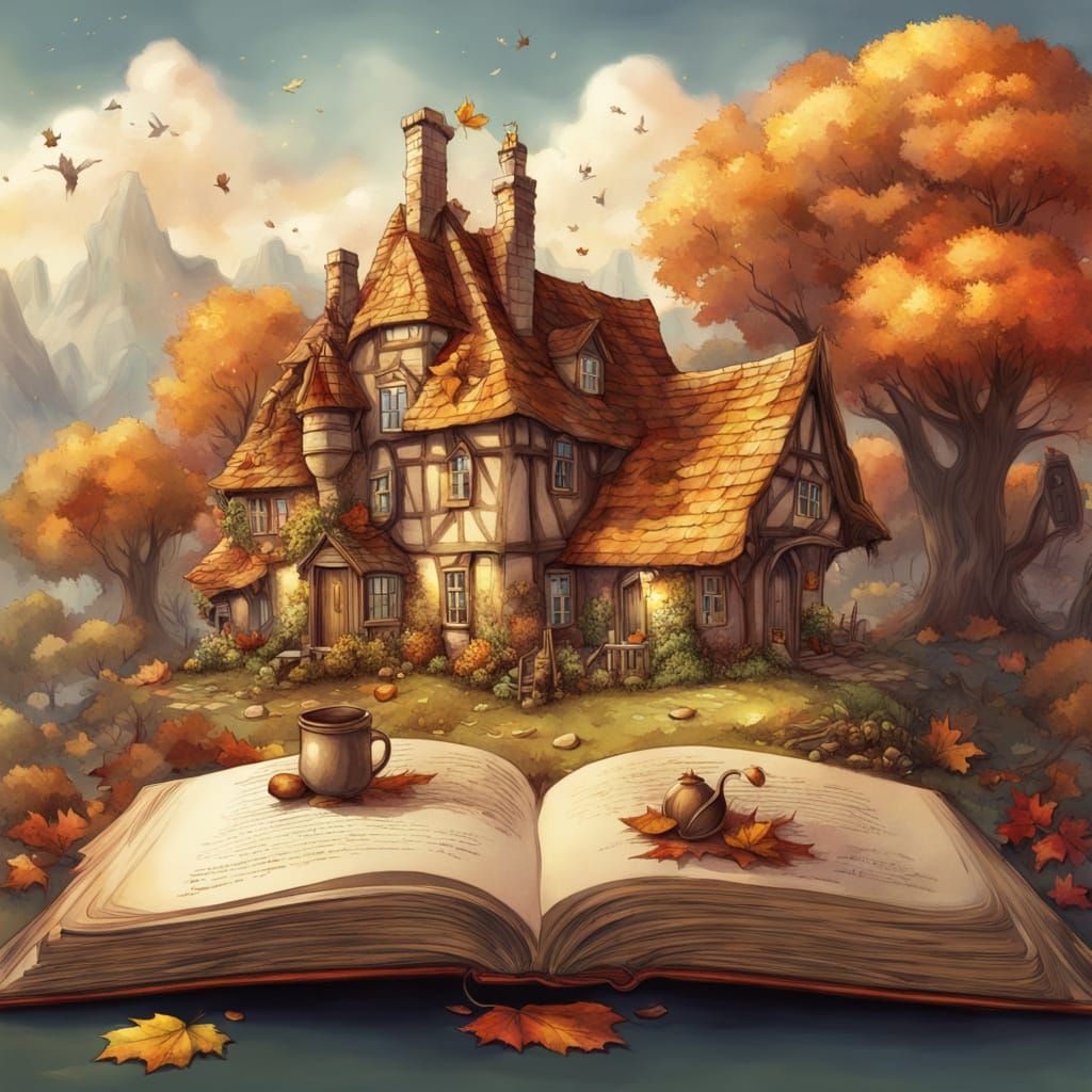 Whimsical Leaf Village on Book Pages in Golden Light