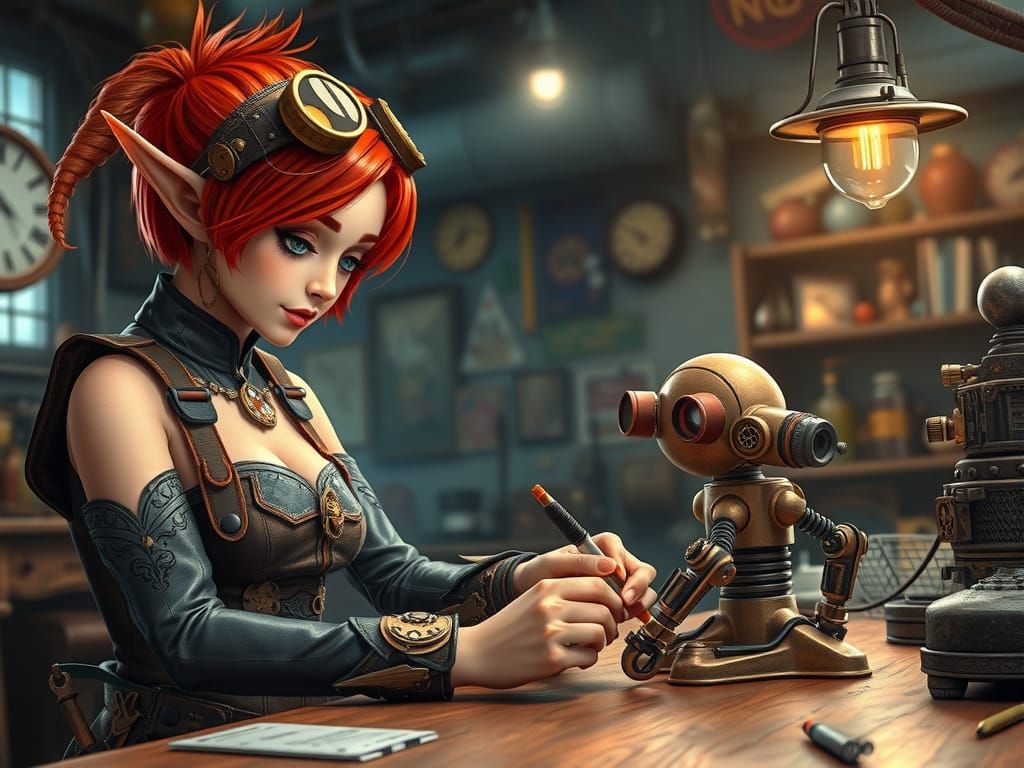 Whimsical Steampunk Elf Tinkers on Curvy Robot in Workshop