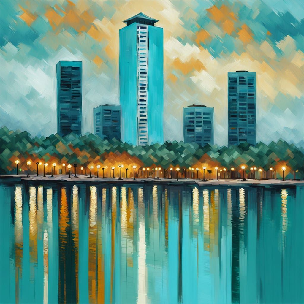 Teal Tower Landmark in Impressionistic Style