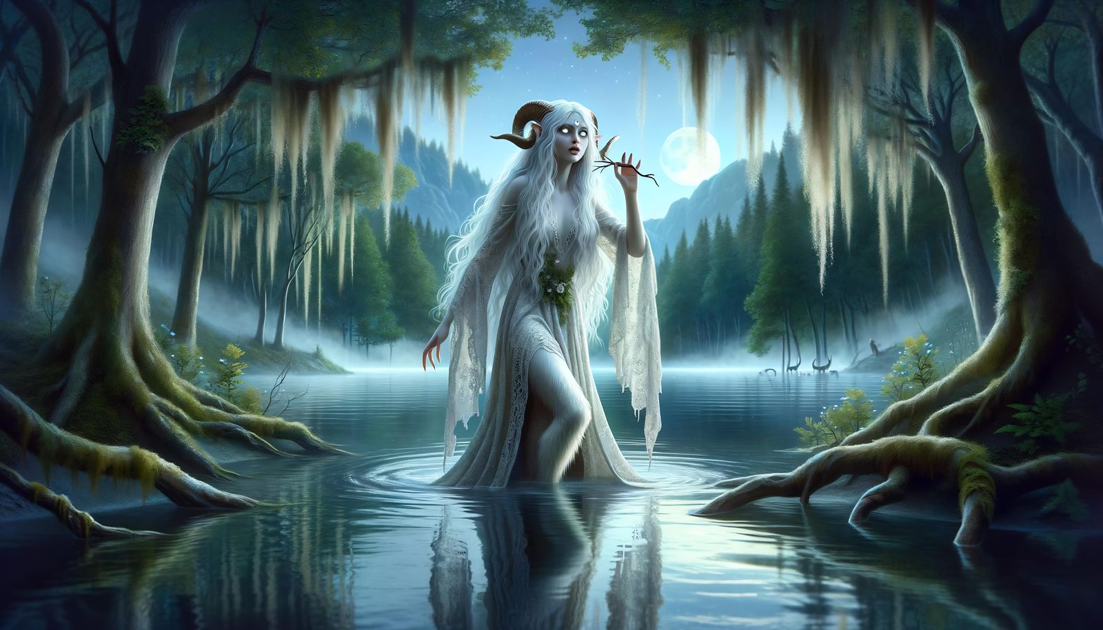 Mystical Glaistig in Moonlit Lake Scene