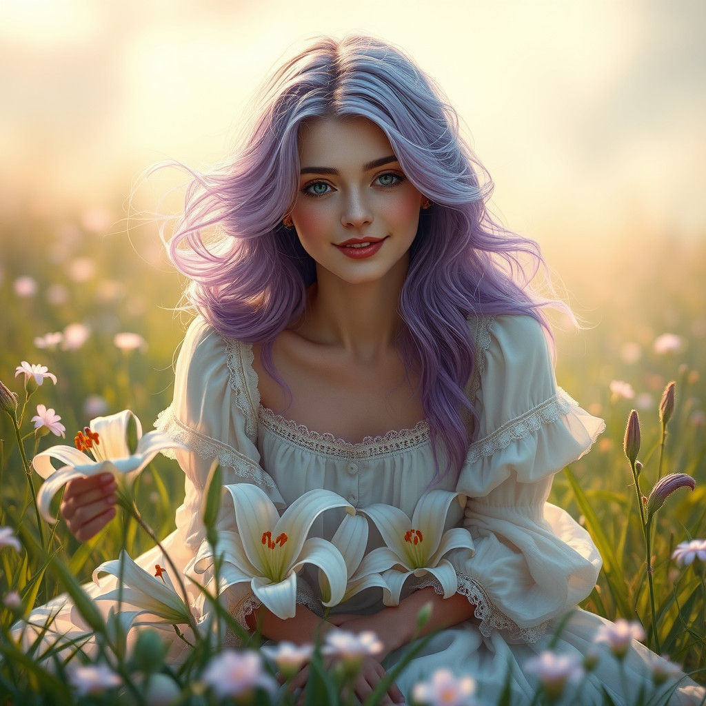 Victorian Woman with Lavender Hair in Meadow