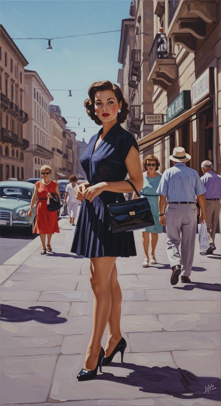 Mediterranean Summer Leisure: 1950s Pin-Up on City Sidewalk