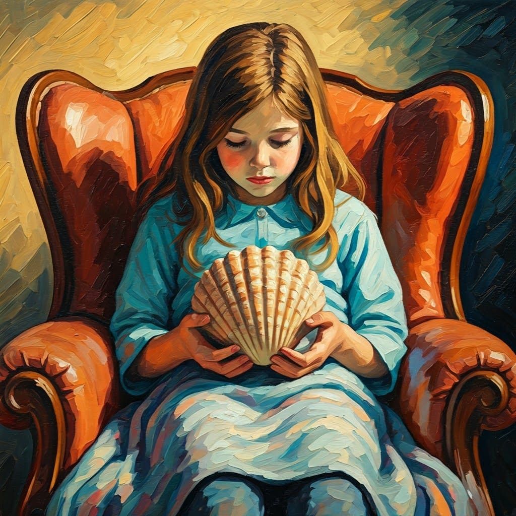 Girl Listening to Seashell in Post-Impressionist Style