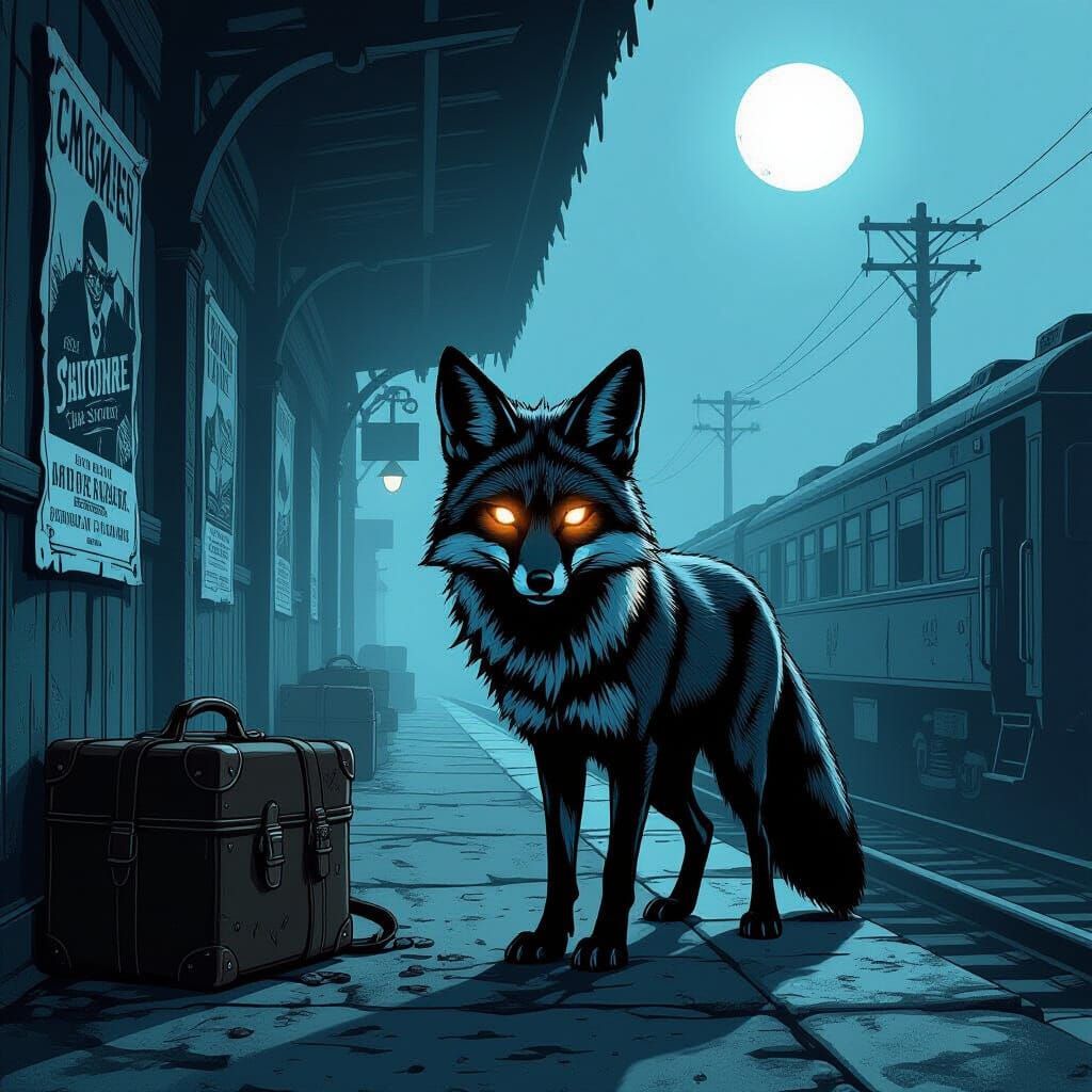 Spectral Fox on Foggy Train Platform at Midnight
