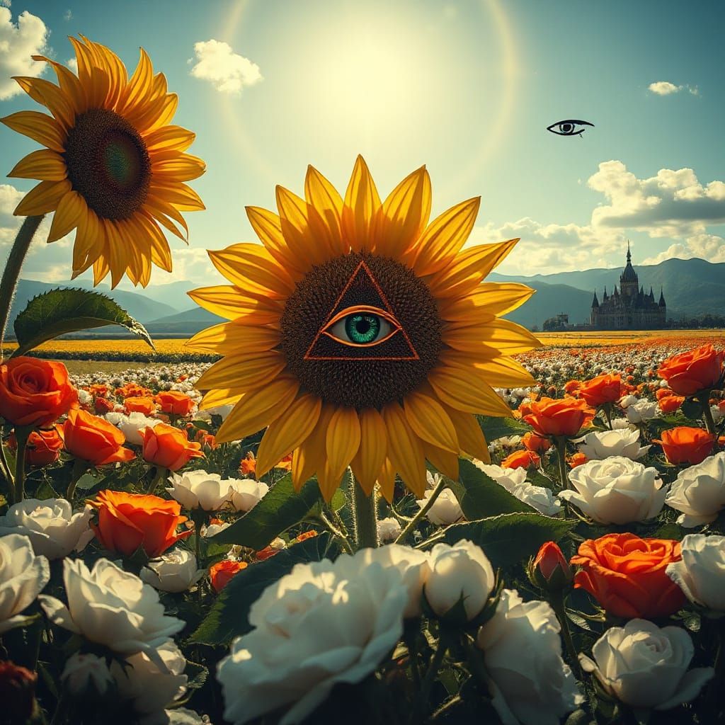 Sunflower With Eye of Providence in Rose Meadow