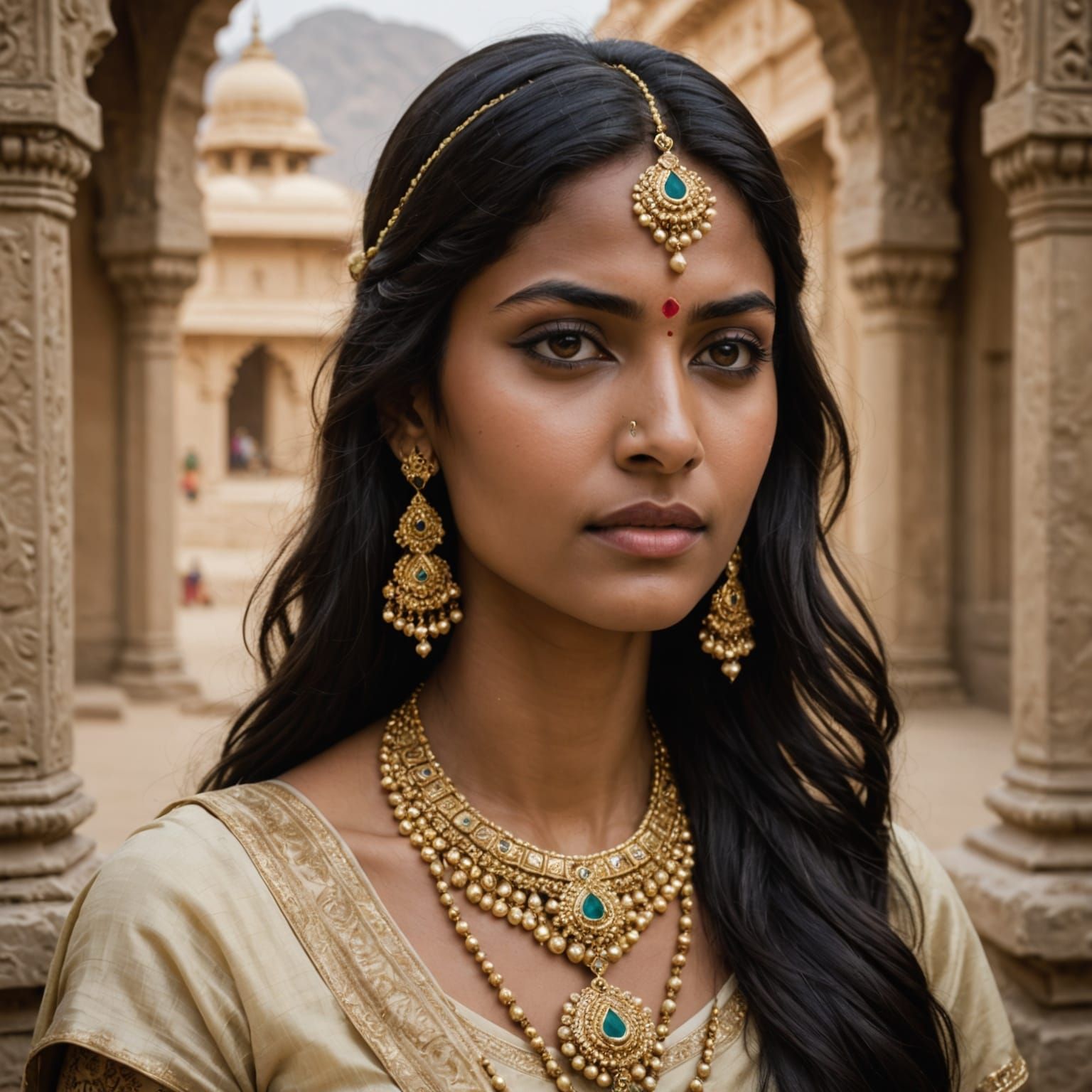 Indian Woman in Gold Jewelry: Photorealistic Digital Paintin...