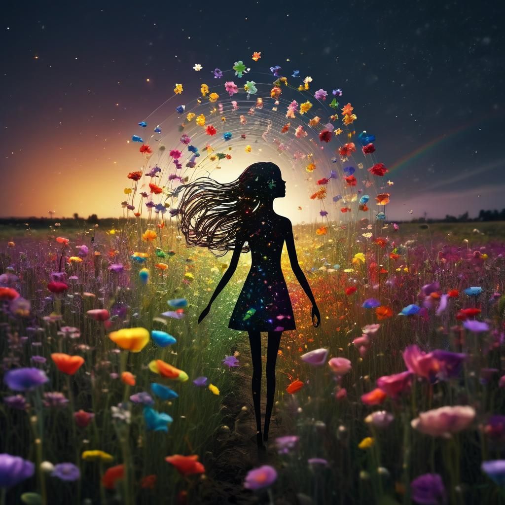 Rainbow Flower Woman in Moonlight
