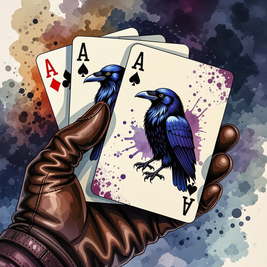 Raven Playing Cards in Watercolor Ink Style