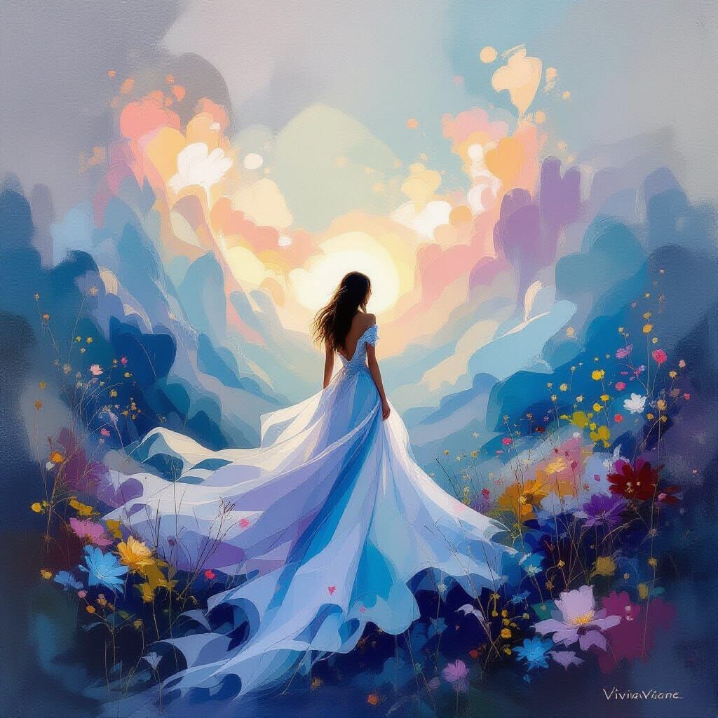 Ethereal Figure Dissolves into Dreamlike Abstract Landscape