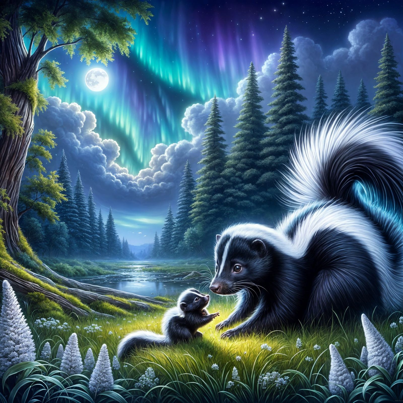 Mother Skunk and Baby at Twilight