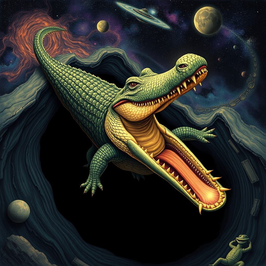 Surreal Crocodile Journeys Through Cosmic Vortex