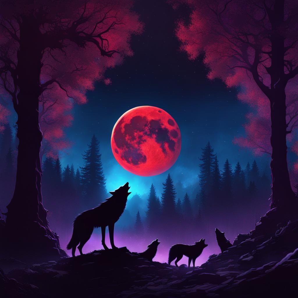 Wolves Under Blood Moon in Dark Fantasy Style