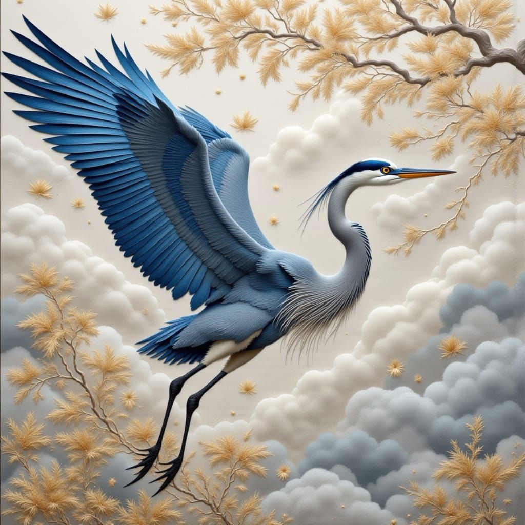 Bold, silk background hand- embroidered Chinese style silk art image of a great blue heron ,A majestic heron in flight, ...
