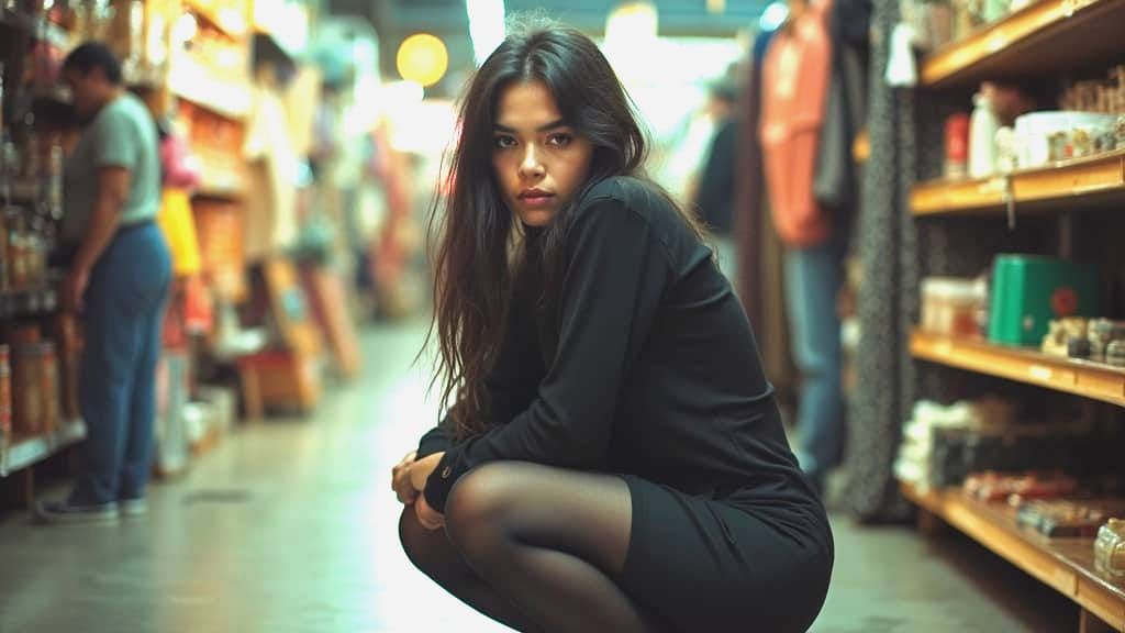 Cinematic Still of Woman Squatting in Shop