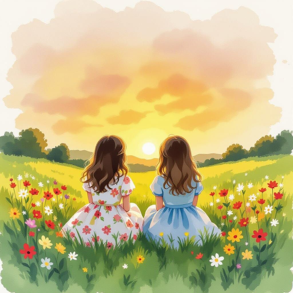 Sisters Watching Sunset in Whimsical Tea Painting Style