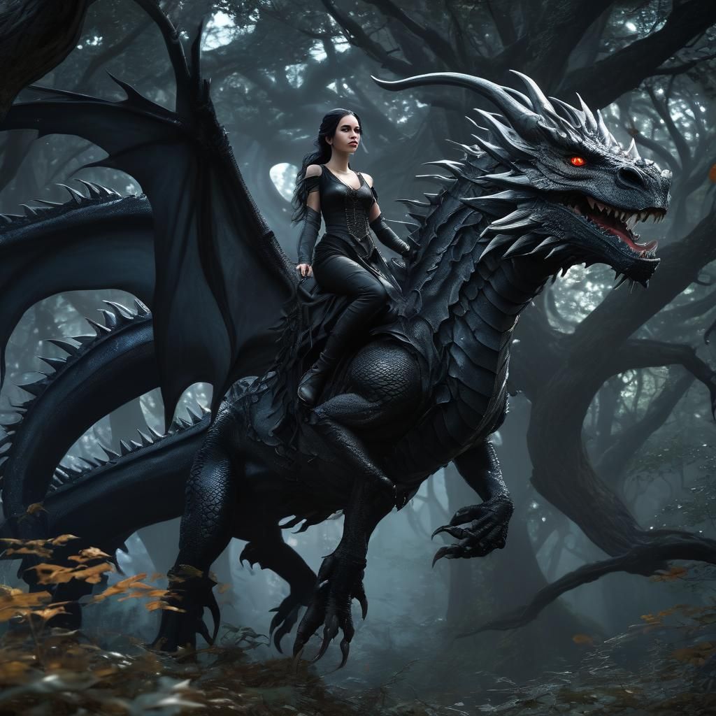 Gothic Girl on Dragon in Enchanted Forest