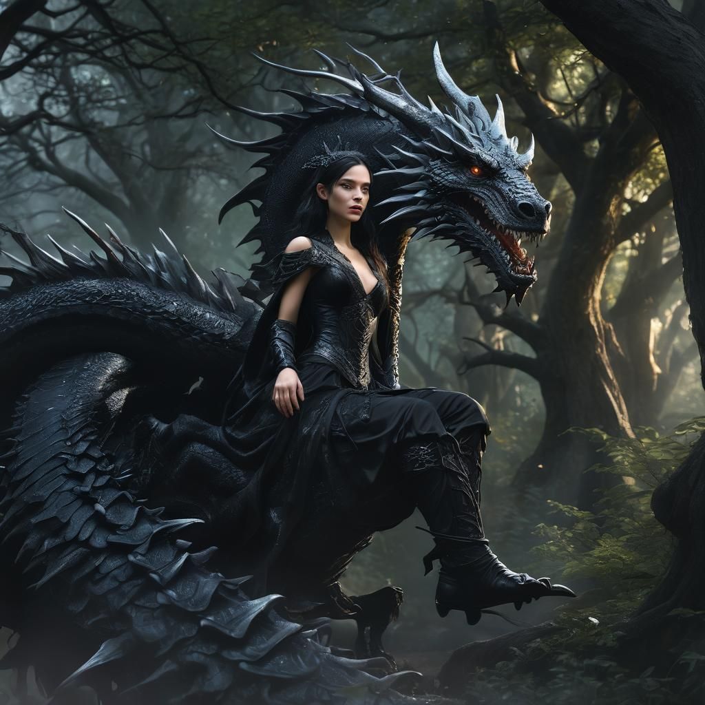 Gothic Girl on Dragon in Enchanted Forest