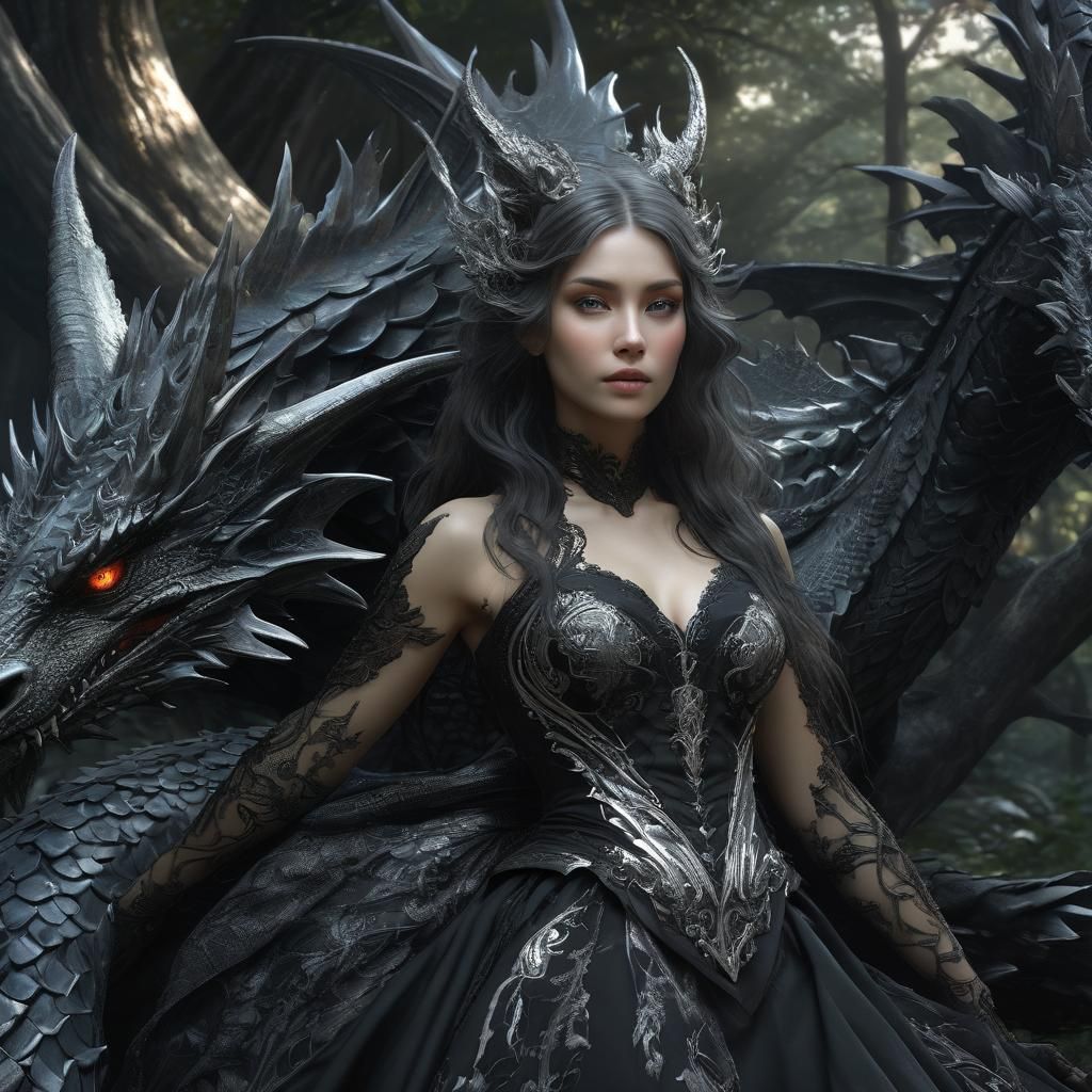 Gothic Girl on Dragon in Enchanted Forest