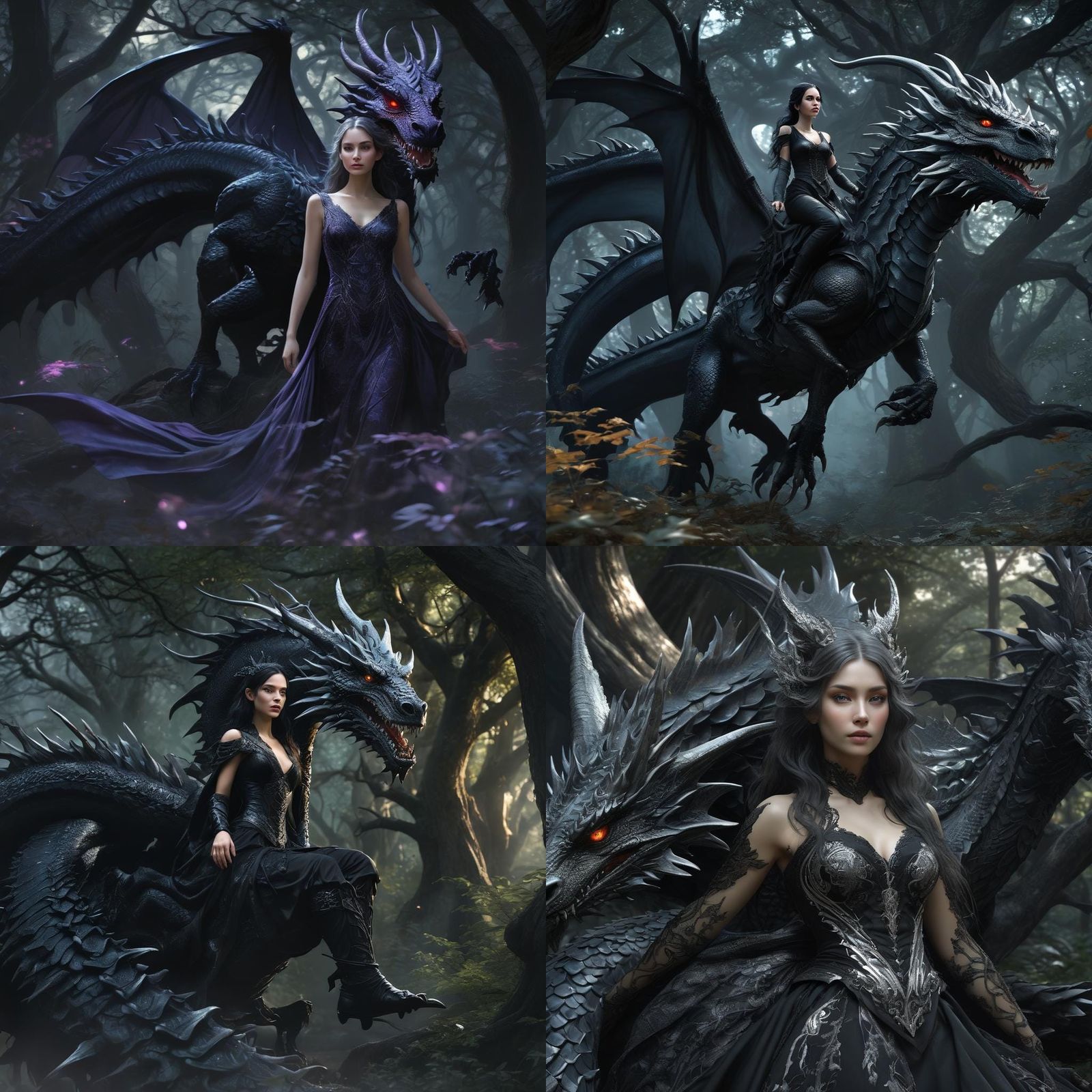 Gothic Girl on Dragon in Enchanted Forest